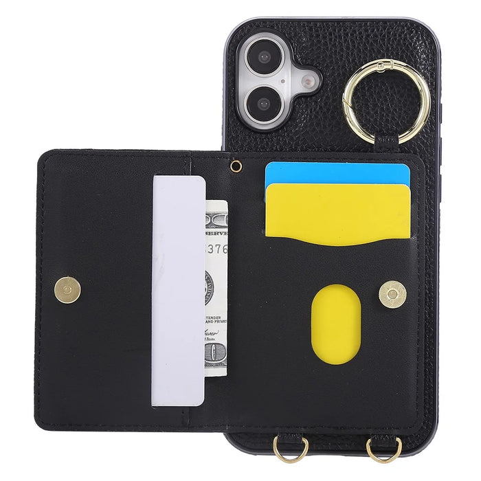 For iPhone 16 Case Kickstand Rhombus Leather + TPU Phone Cover with Shoulder Strap - Black - 2