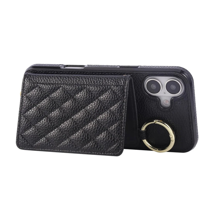 For iPhone 16 Case Kickstand Rhombus Leather + TPU Phone Cover with Shoulder Strap - Black - 3