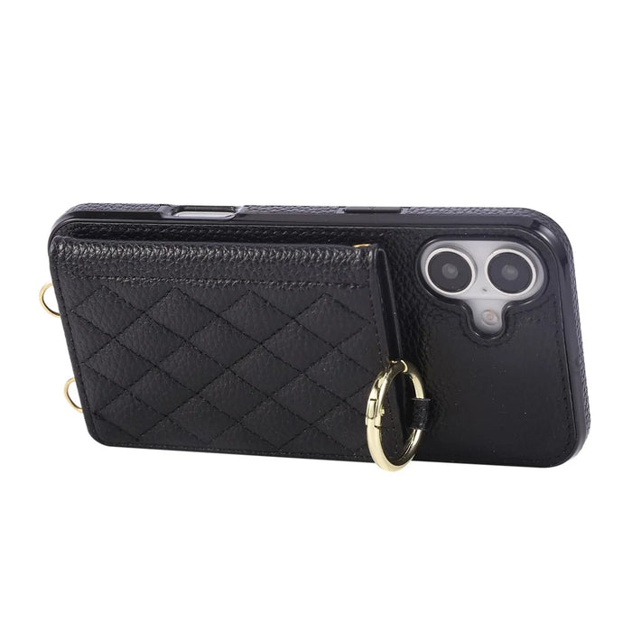 For iPhone 16 Case Kickstand Rhombus Leather + TPU Phone Cover with Shoulder Strap - Black - 4