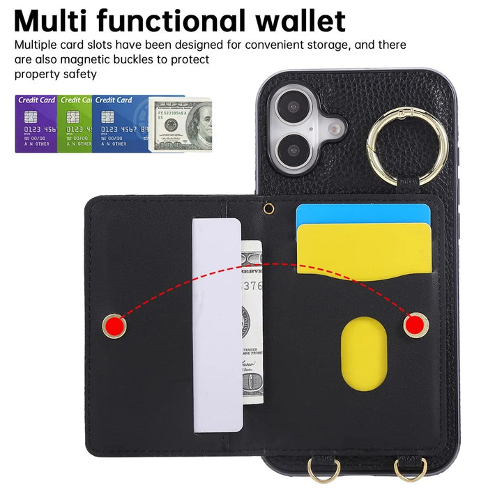For iPhone 16 Case Kickstand Rhombus Leather + TPU Phone Cover with Shoulder Strap - Black - 7