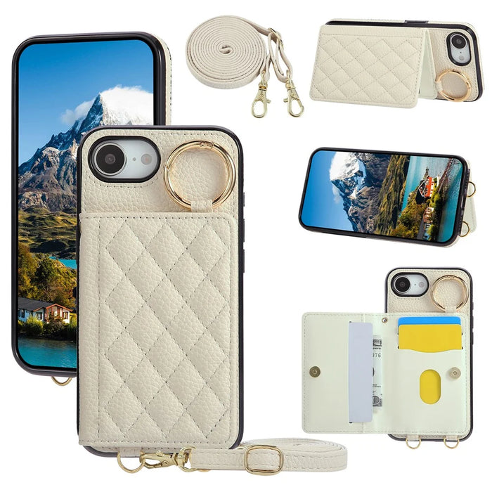 For iPhone 17e / 16e Case Kickstand Rhombus Leather + TPU Phone Cover with Shoulder Strap - Beige - 1