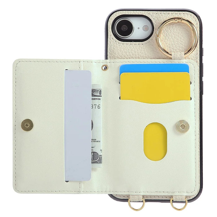 For iPhone 17e / 16e Case Kickstand Rhombus Leather + TPU Phone Cover with Shoulder Strap - Beige - 2
