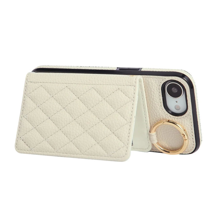 For iPhone 17e / 16e Case Kickstand Rhombus Leather + TPU Phone Cover with Shoulder Strap - Beige - 5