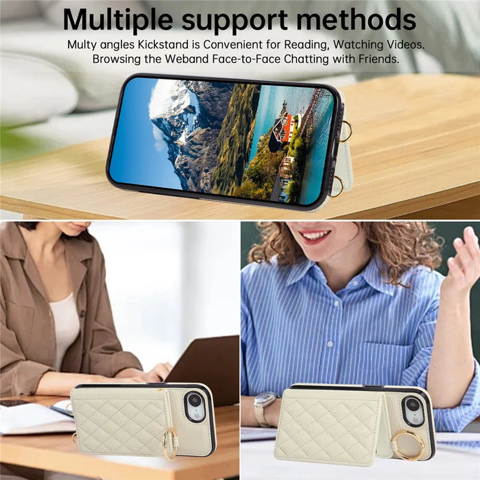 For iPhone 17e / 16e Case Kickstand Rhombus Leather + TPU Phone Cover with Shoulder Strap - Beige - 6