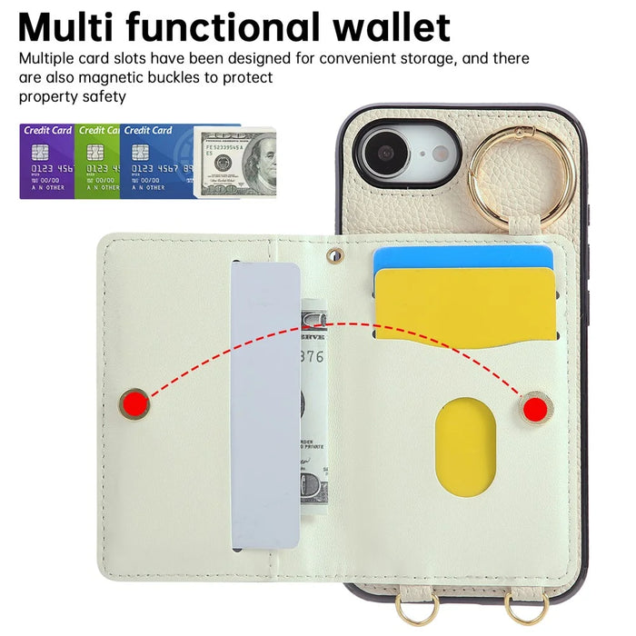 For iPhone 17e / 16e Case Kickstand Rhombus Leather + TPU Phone Cover with Shoulder Strap - Beige - 7
