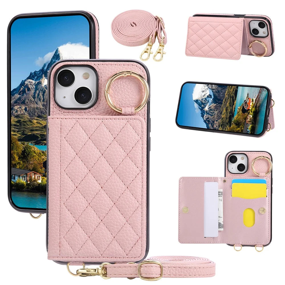 For iPhone 15 Case Kickstand Rhombus Leather + TPU Phone Cover with Shoulder Strap - Pink - 1