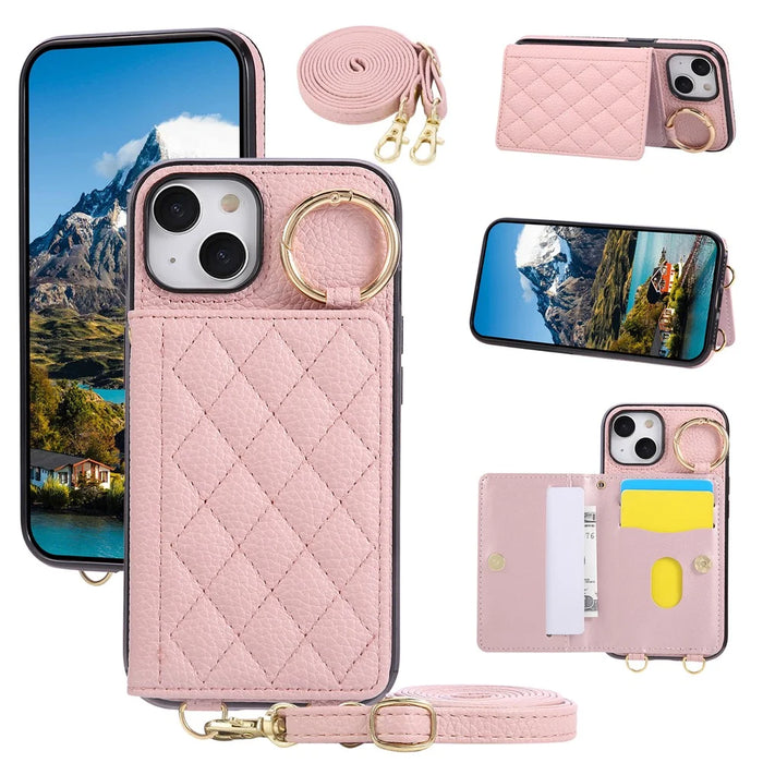 For iPhone 15 Case Kickstand Rhombus Leather + TPU Phone Cover with Shoulder Strap - Pink - 1