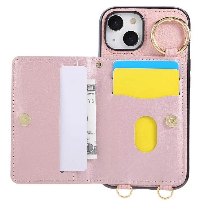 For iPhone 15 Case Kickstand Rhombus Leather + TPU Phone Cover with Shoulder Strap - Pink - 2