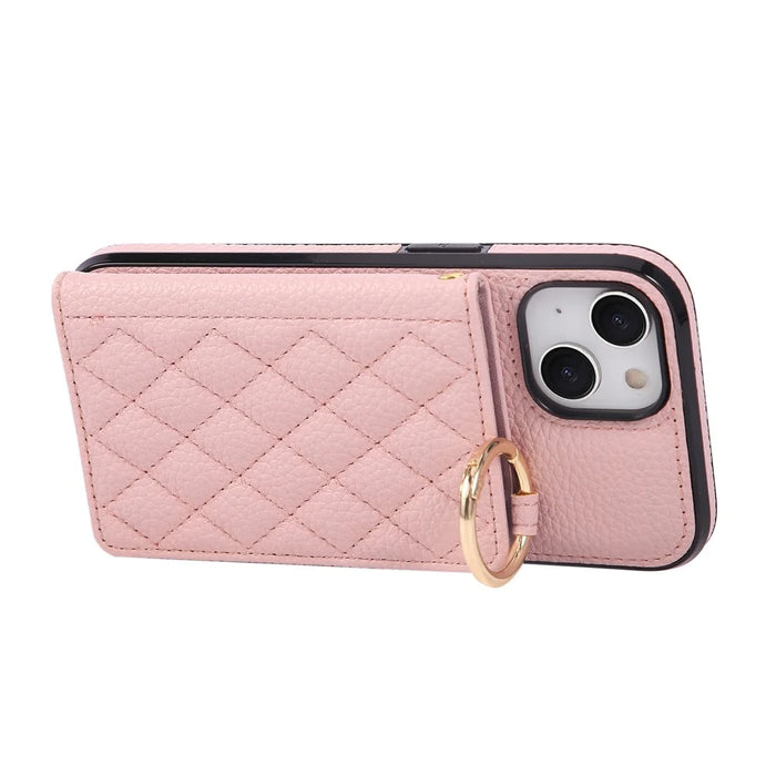 For iPhone 15 Case Kickstand Rhombus Leather + TPU Phone Cover with Shoulder Strap - Pink - 3