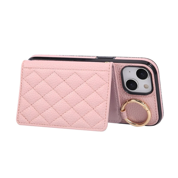 For iPhone 15 Case Kickstand Rhombus Leather + TPU Phone Cover with Shoulder Strap - Pink - 4