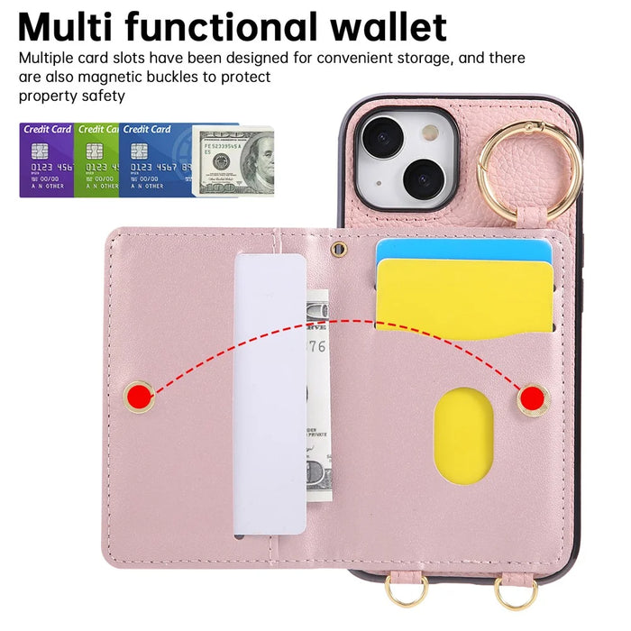 For iPhone 15 Case Kickstand Rhombus Leather + TPU Phone Cover with Shoulder Strap - Pink - 7