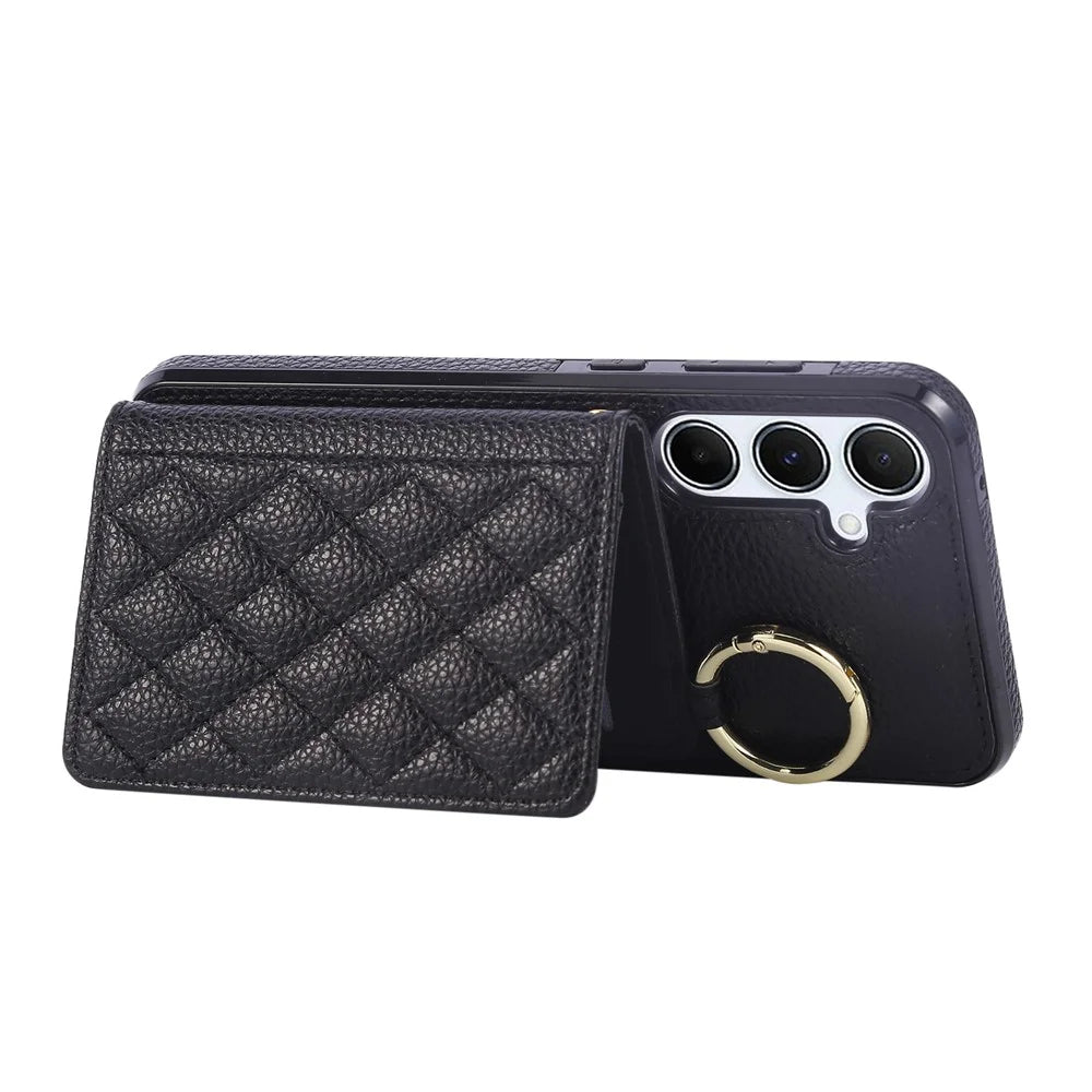 For Samsung Galaxy A16 4G / 5G Case Kickstand Rhombus Leather + TPU Phone Cover with Shoulder Strap - Black - 3