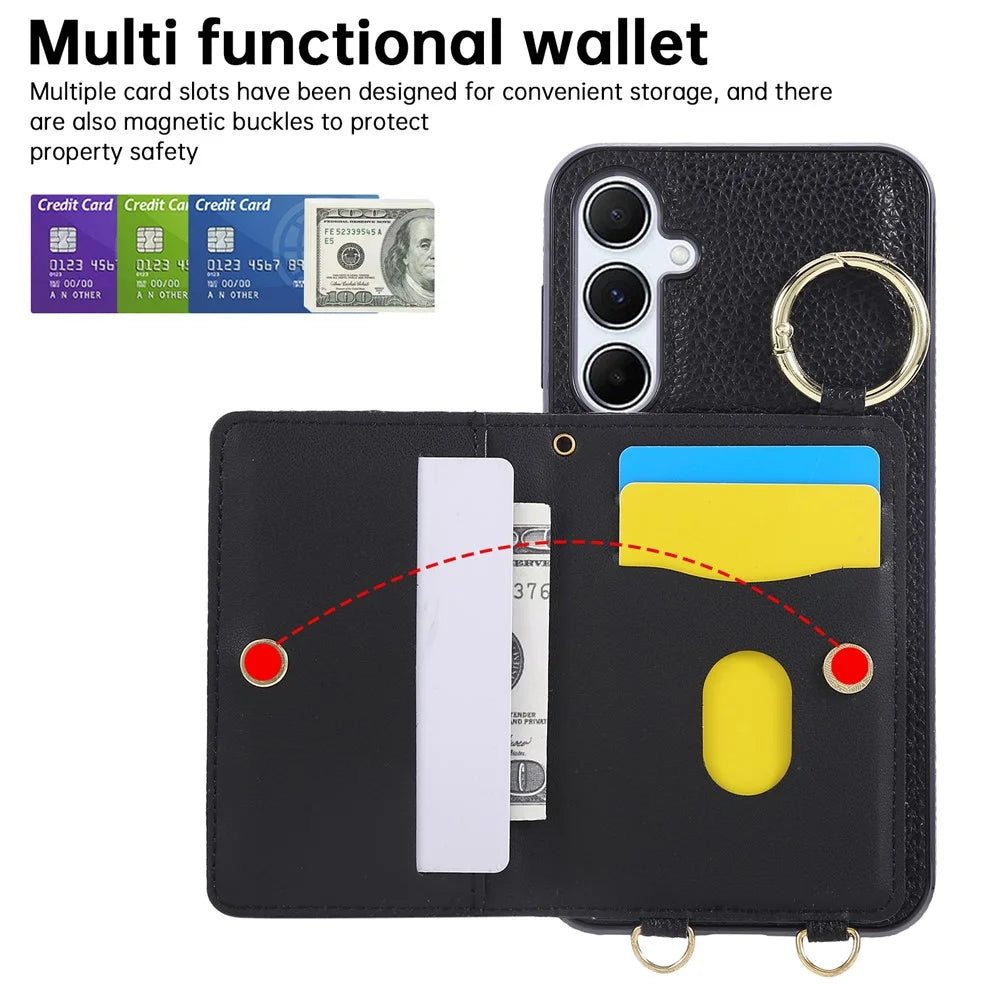 For Samsung Galaxy A16 4G / 5G Case Kickstand Rhombus Leather + TPU Phone Cover with Shoulder Strap - Black - 7