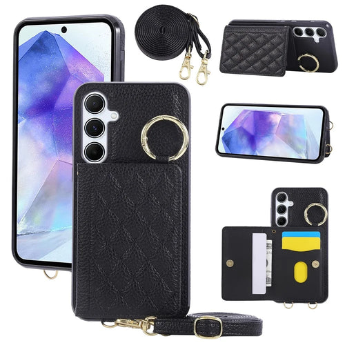 For Samsung Galaxy A36 5G Case Kickstand Rhombus Leather + TPU Phone Cover with Shoulder Strap - Black - 1