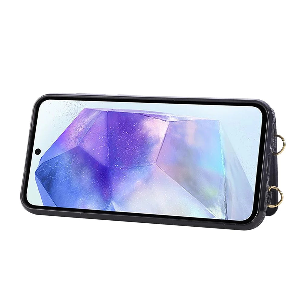 For Samsung Galaxy A36 5G Case Kickstand Rhombus Leather + TPU Phone Cover with Shoulder Strap - Black - 5