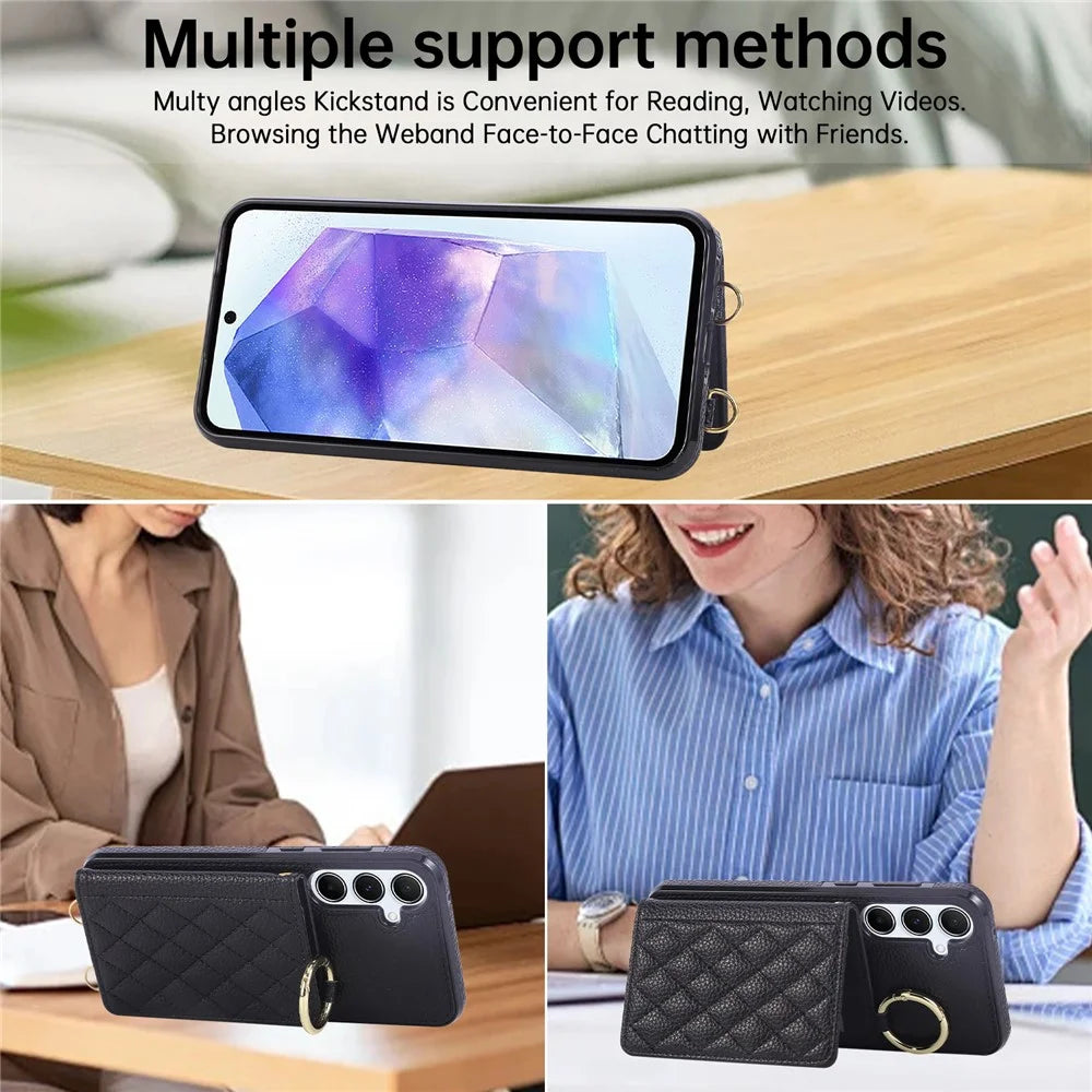 For Samsung Galaxy A36 5G Case Kickstand Rhombus Leather + TPU Phone Cover with Shoulder Strap - Black - 6