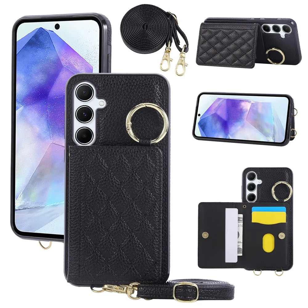 For Samsung Galaxy S25 / S24 Case Kickstand Rhombus Leather + TPU Phone Cover with Shoulder Strap - Black - 1