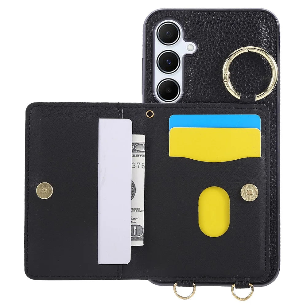 For Samsung Galaxy S25 / S24 Case Kickstand Rhombus Leather + TPU Phone Cover with Shoulder Strap - Black - 2