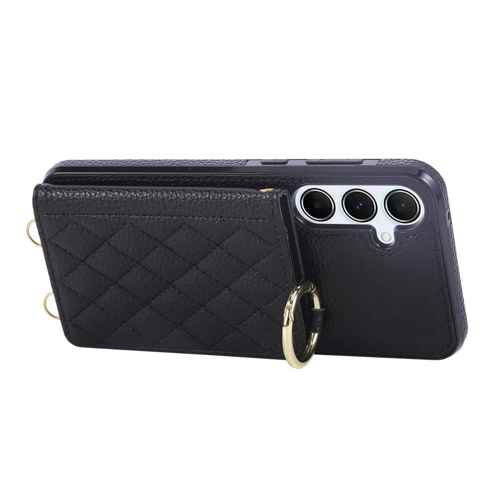 For Samsung Galaxy S25+ / S24+ Case Kickstand Rhombus Leather + TPU Phone Cover with Shoulder Strap - Black - 4