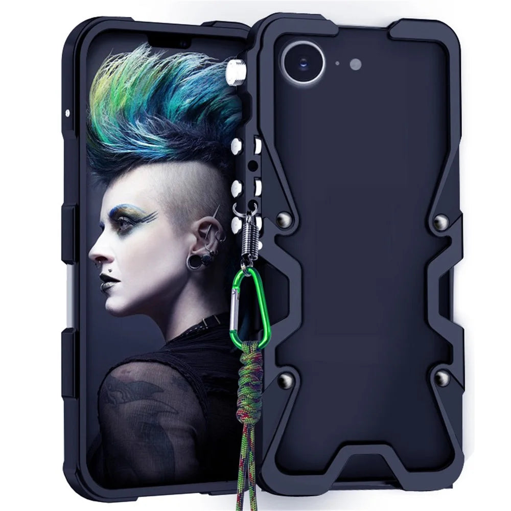 For iPhone 17e / 16e Bumper Case Aluminium Alloy Metal Phone Shell Cover with Strap - Black - 1