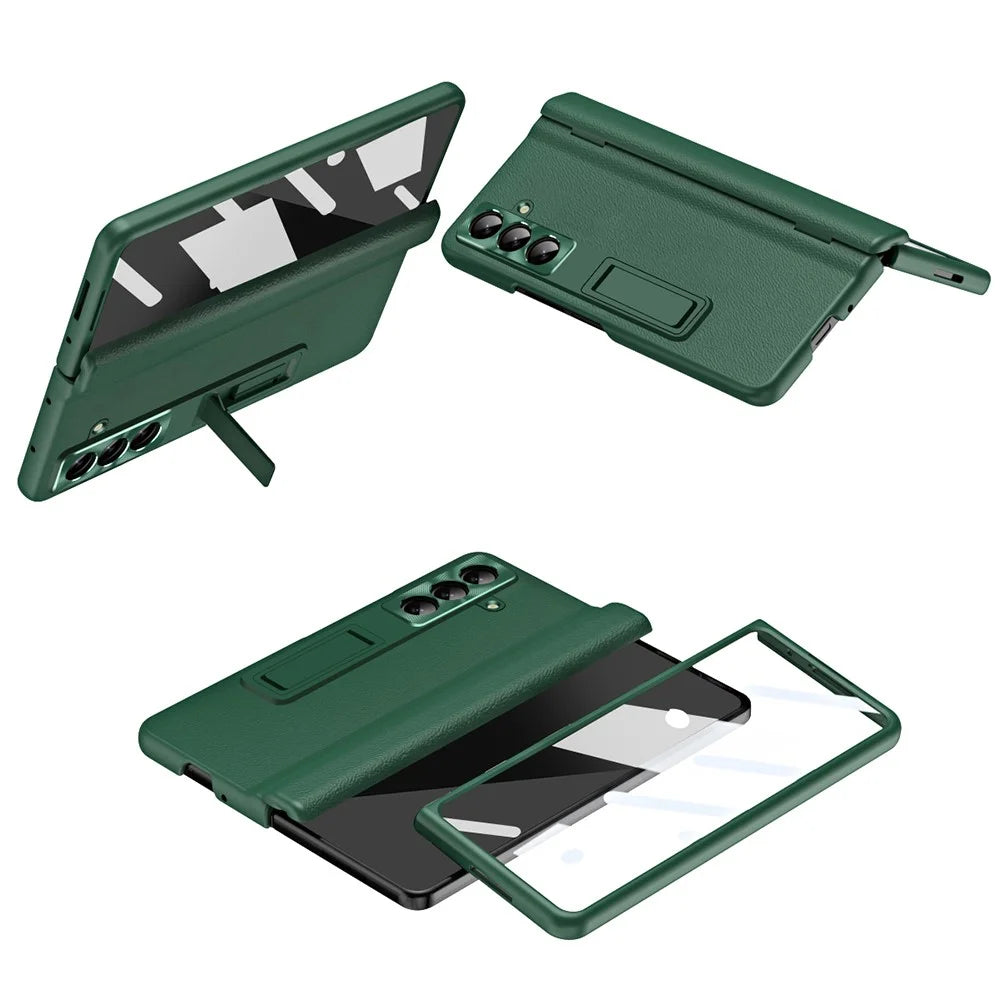 For Samsung Galaxy Z Fold7 5G Case with Tempered Glass Film Kickstand PC  + PU Leather Folding Phone Cover - Green - 1