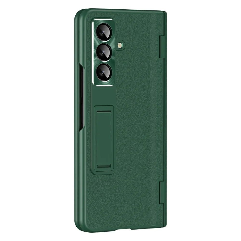 For Samsung Galaxy Z Fold7 5G Case with Tempered Glass Film Kickstand PC  + PU Leather Folding Phone Cover - Green - 2