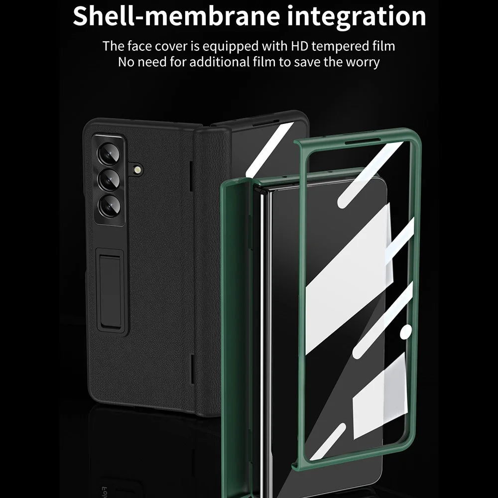For Samsung Galaxy Z Fold7 5G Case with Tempered Glass Film Kickstand PC  + PU Leather Folding Phone Cover - Green - 3