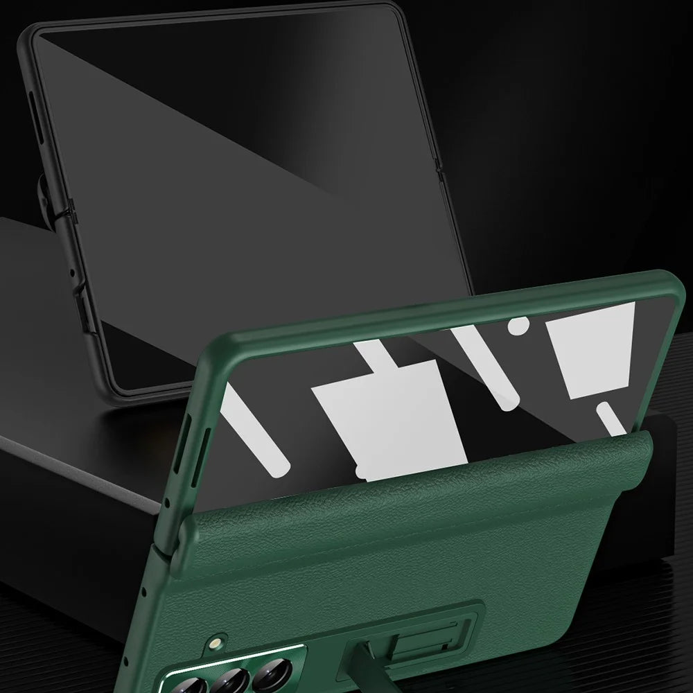 For Samsung Galaxy Z Fold7 5G Case with Tempered Glass Film Kickstand PC  + PU Leather Folding Phone Cover - Green - 5