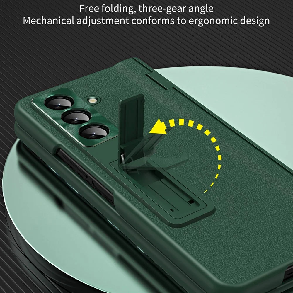 For Samsung Galaxy Z Fold7 5G Case with Tempered Glass Film Kickstand PC  + PU Leather Folding Phone Cover - Green - 6