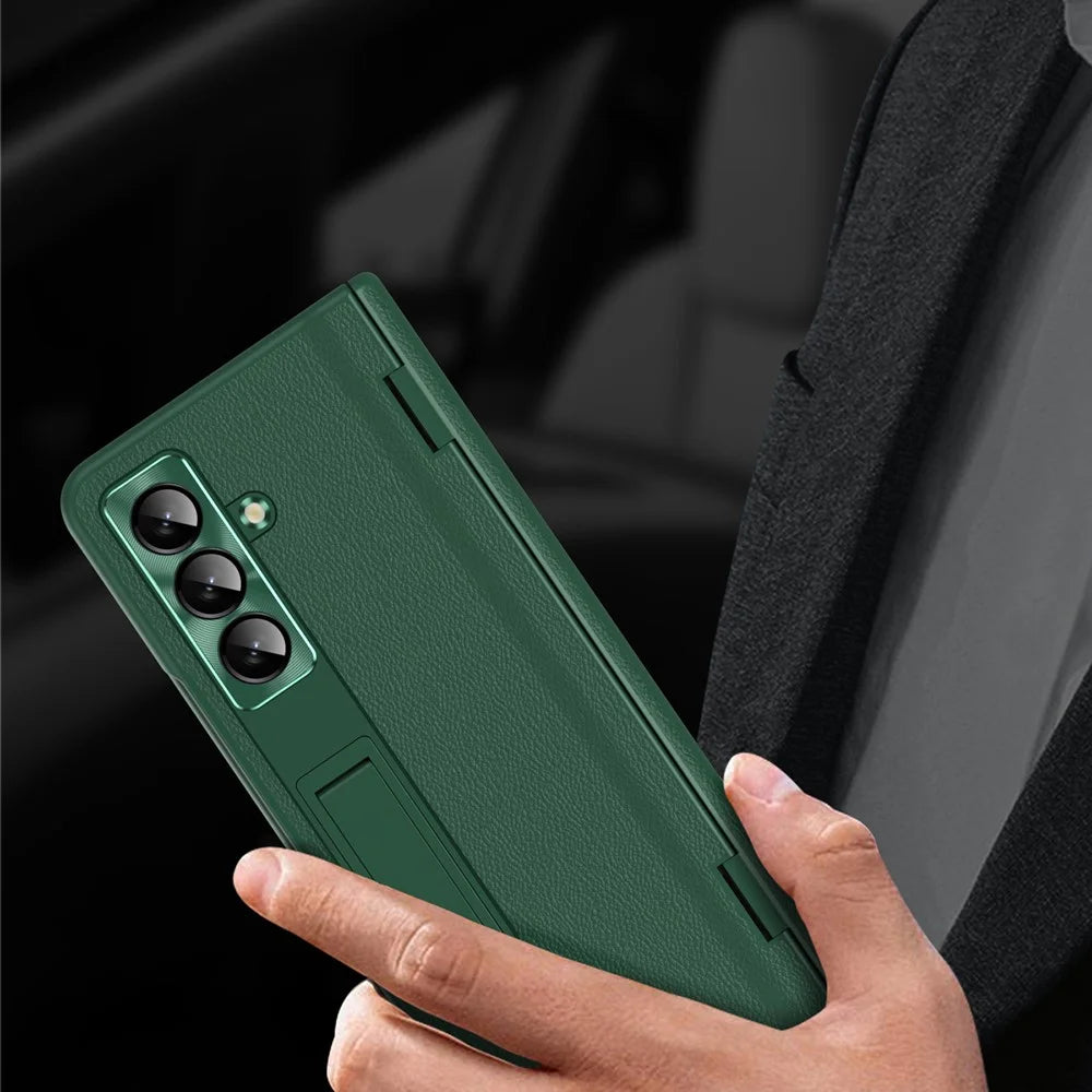 For Samsung Galaxy Z Fold7 5G Case with Tempered Glass Film Kickstand PC  + PU Leather Folding Phone Cover - Green - 7