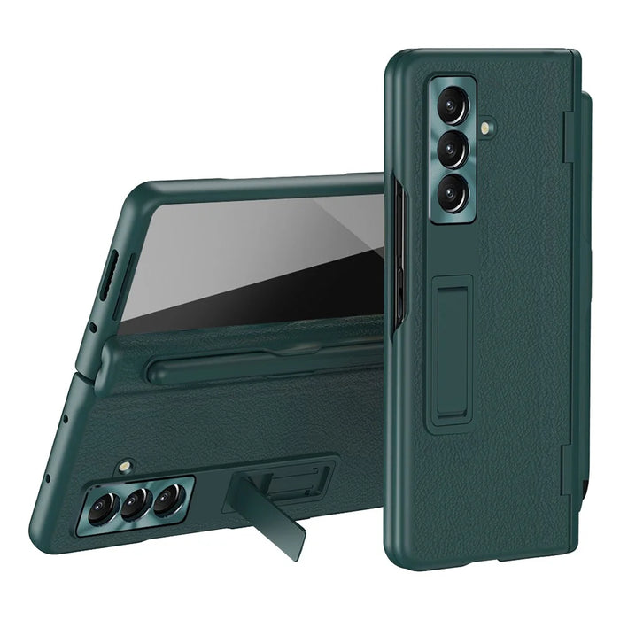 For Samsung Galaxy Z Fold7 5G Case Kickstand PC + PU Leather Folding Phone Cover with Screen Protector and Stylus - Green - 1
