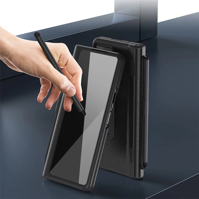 For Samsung Galaxy Z Fold7 5G Case Kickstand PC + PU Leather Folding Phone Cover with Screen Protector and Stylus - Green - 5