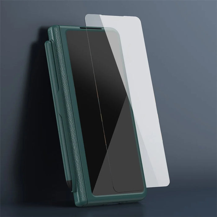 For Samsung Galaxy Z Fold7 5G Case Kickstand PC + PU Leather Folding Phone Cover with Screen Protector and Stylus - Green - 6