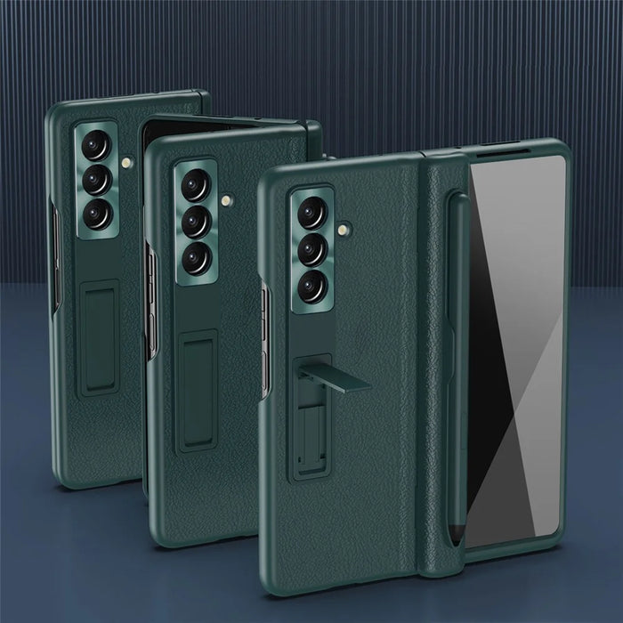 For Samsung Galaxy Z Fold7 5G Case Kickstand PC + PU Leather Folding Phone Cover with Screen Protector and Stylus - Green - 7