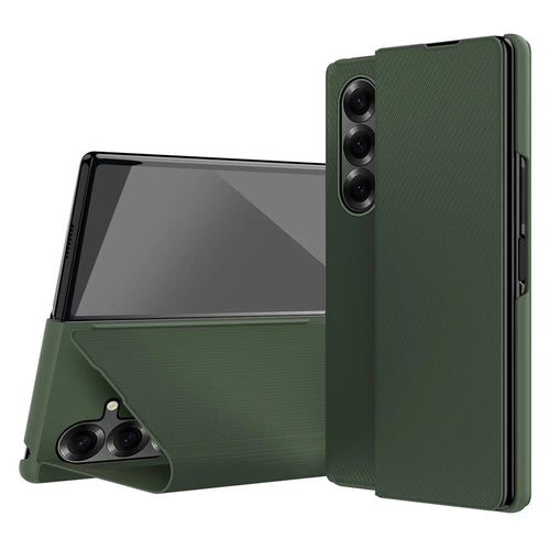 For Samsung Galaxy Z Fold7 5G Case Aramid Fiber Texture Leather + PC Stand Phone Cover - Green - 1
