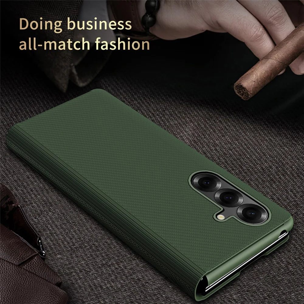 For Samsung Galaxy Z Fold7 5G Case Aramid Fiber Texture Leather + PC Stand Phone Cover - Green - 4