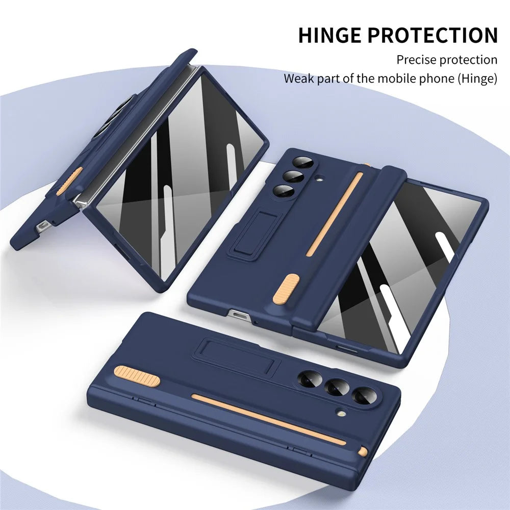 For Samsung Galaxy Z Fold7 5G Kickstand Phone Case with Tempered Glass Screen Protector and Stylus Pen - Sapphire - 4