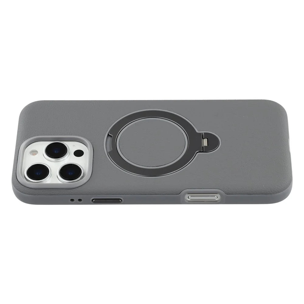 KIGC For iPhone 16 Pro Max Magnetic Case PC + PU Kickstand Phone Back Cover with Soft Lining - Grey - 1