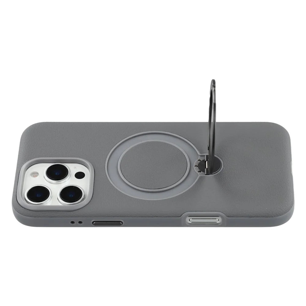KIGC For iPhone 16 Pro Max Magnetic Case PC + PU Kickstand Phone Back Cover with Soft Lining - Grey - 5