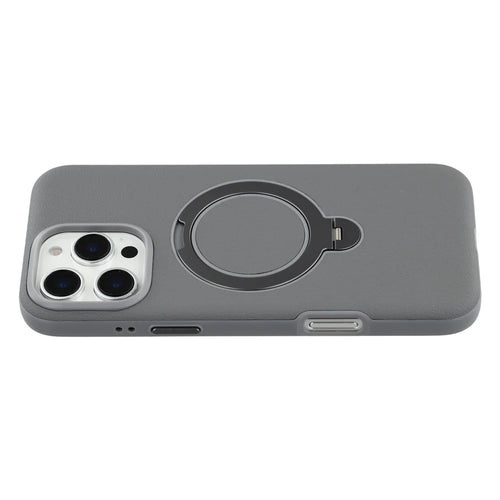 KIGC For iPhone 16 Pro Magnetic Case PC + PU Kickstand Phone Back Cover with Soft Lining - Grey - 1