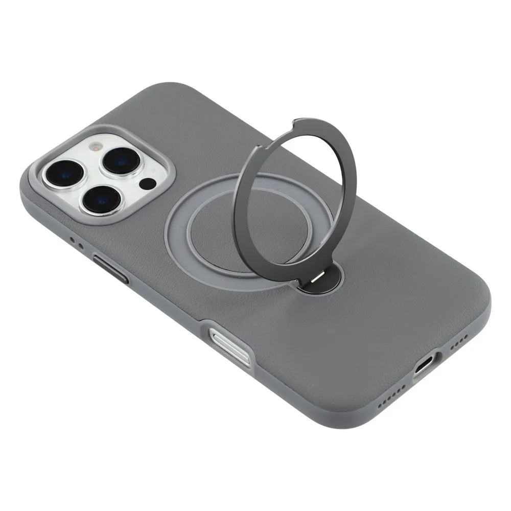 KIGC For iPhone 16 Pro Magnetic Case PC + PU Kickstand Phone Back Cover with Soft Lining - Grey - 6