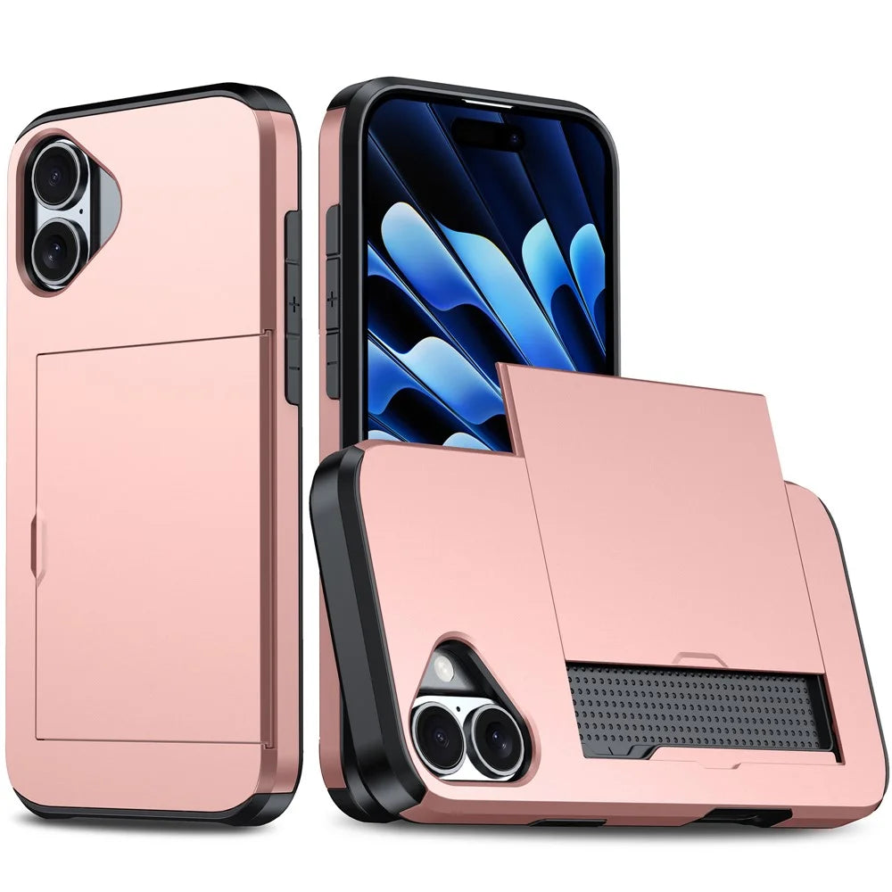 For iPhone 17 Case with Card Holder TPU + PC Phone Back Cover - Rose Gold - 1
