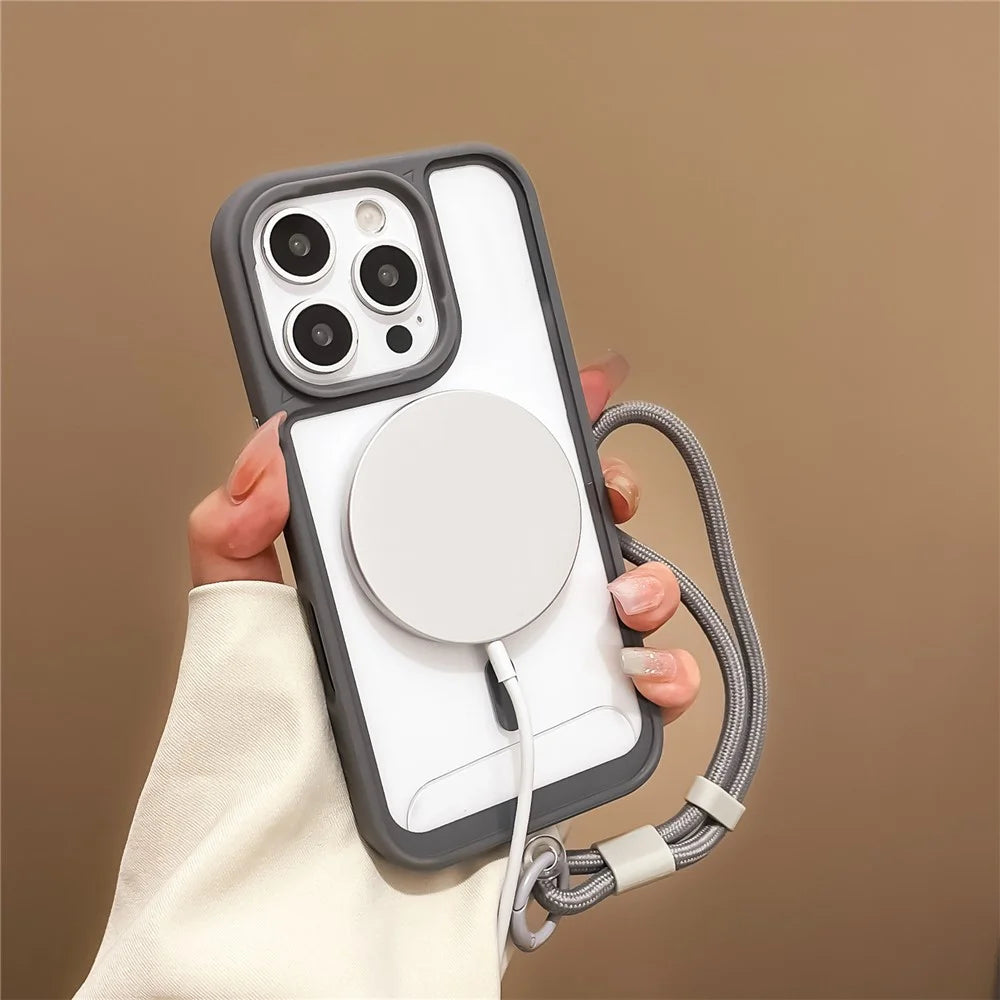 For iPhone 16 Pro Case Magnetic Case with Strap PC + TPU Shockproof Phone Cover - Black - 5