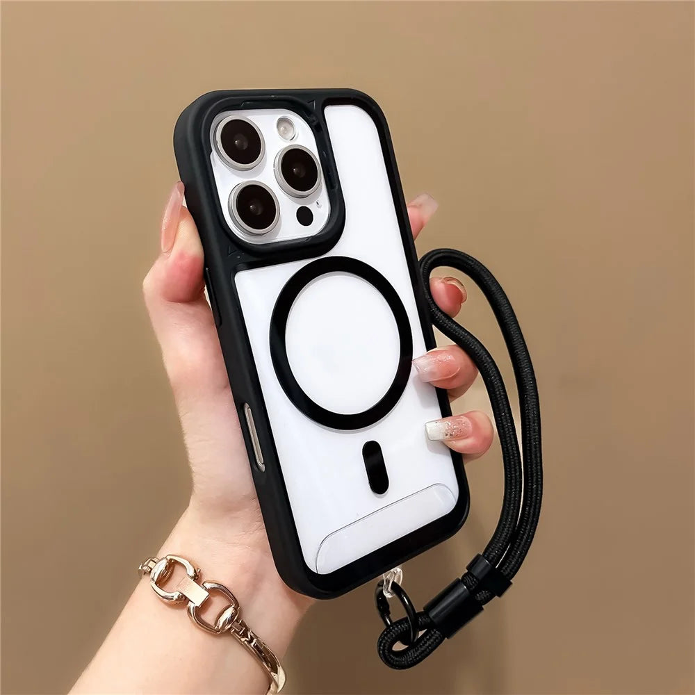 For iPhone 16 Pro Max Case Magnetic Case with Strap PC + TPU Shockproof Phone Cover - Black - 2