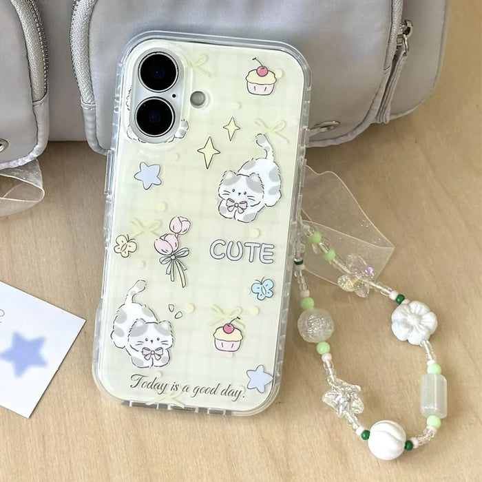 For iPhone 16 Case IMD Cute Cat Design TPU Phone Case with Wrist Strap - Yellow - 1