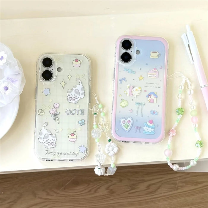 For iPhone 16 Case IMD Cute Cat Design TPU Phone Case with Wrist Strap - Yellow - 5