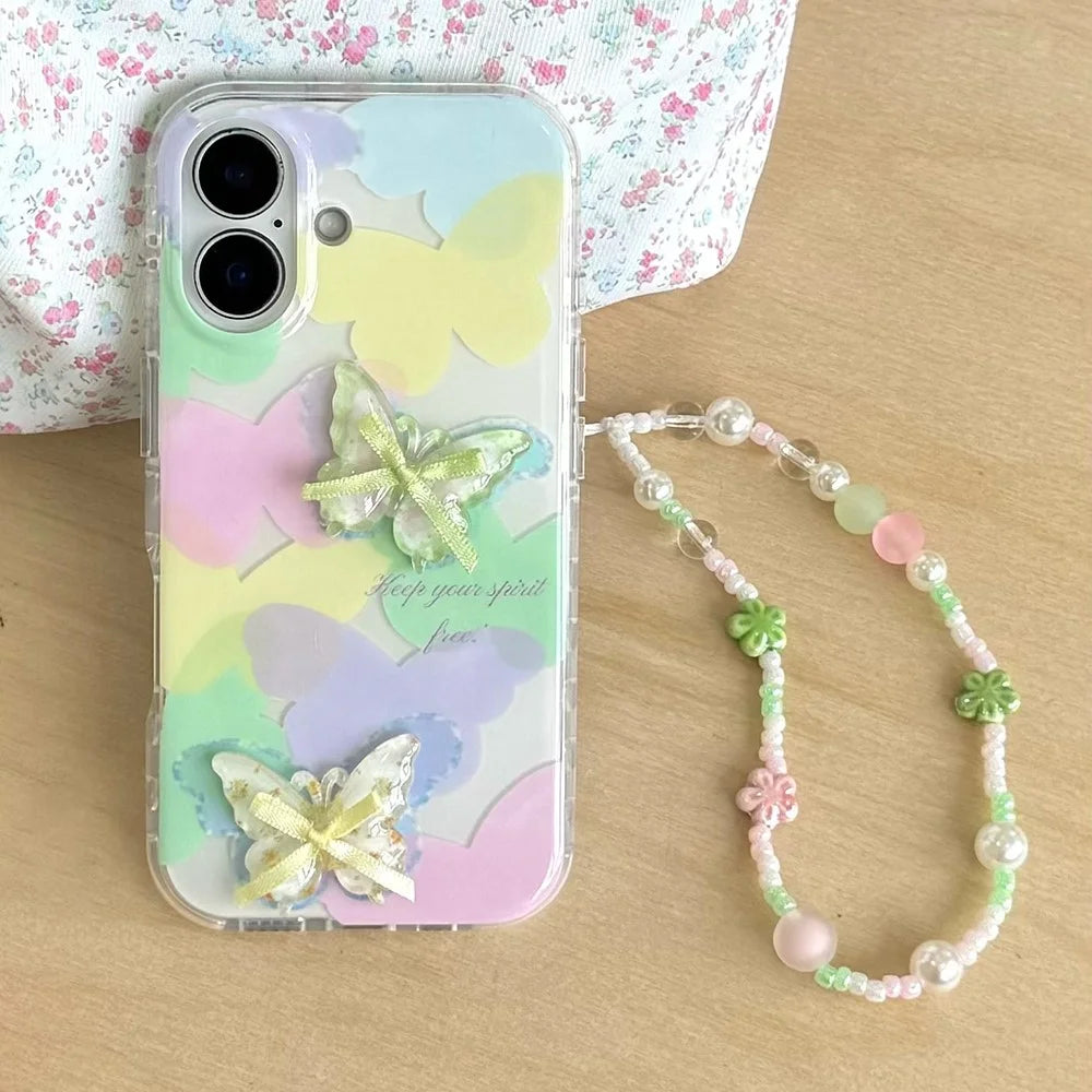 For iPhone 16 Case IMD 3D Butterfly Design TPU Phone Case with Beaded Strap - 1