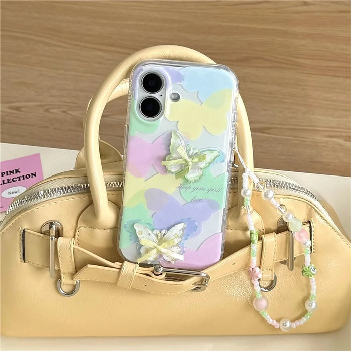 For iPhone 16 Case IMD 3D Butterfly Design TPU Phone Case with Beaded Strap - 2