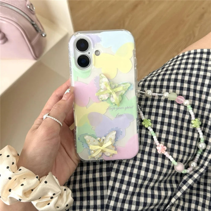 For iPhone 16 Case IMD 3D Butterfly Design TPU Phone Case with Beaded Strap - 3