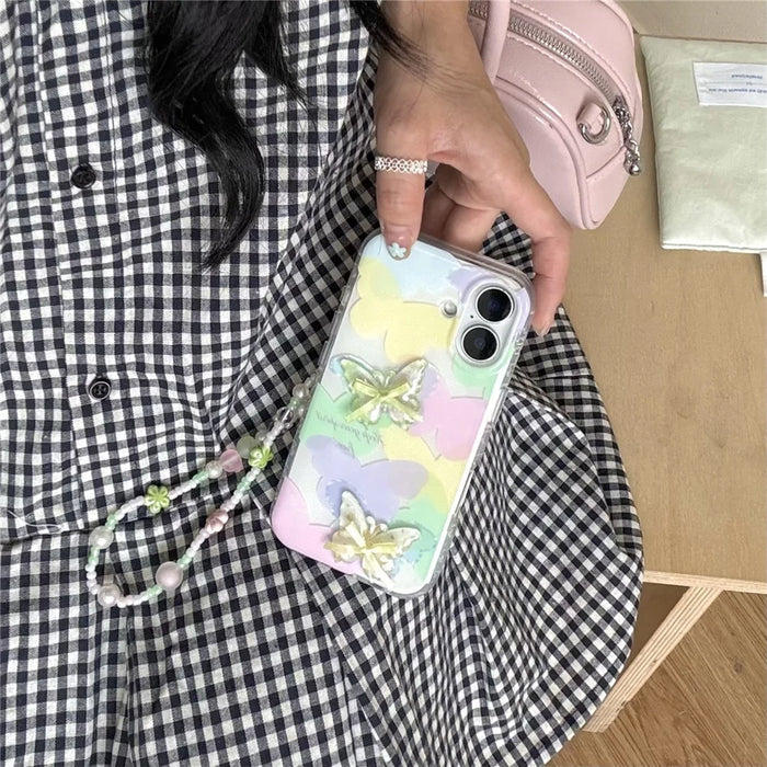 For iPhone 16 Case IMD 3D Butterfly Design TPU Phone Case with Beaded Strap - 6